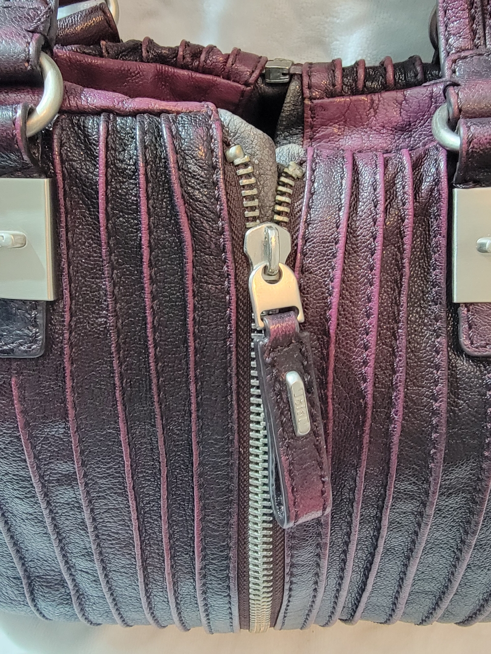 Plum Quilted Leather Shoulder Bag with Center Zip - Picture 6 of 12